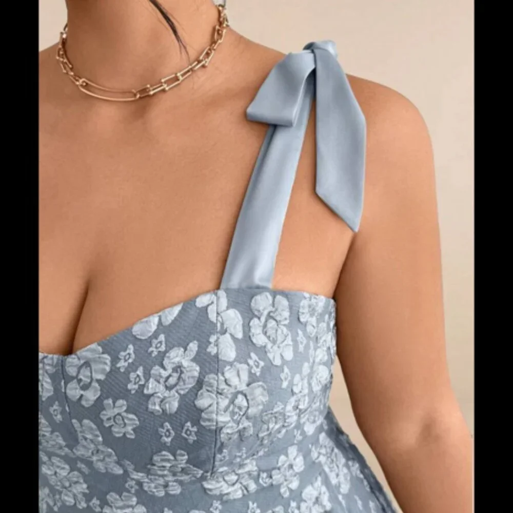 Dusty Blue Corset top Bow-tie Embossed Fit-and-Flare Midi Dress 0XL